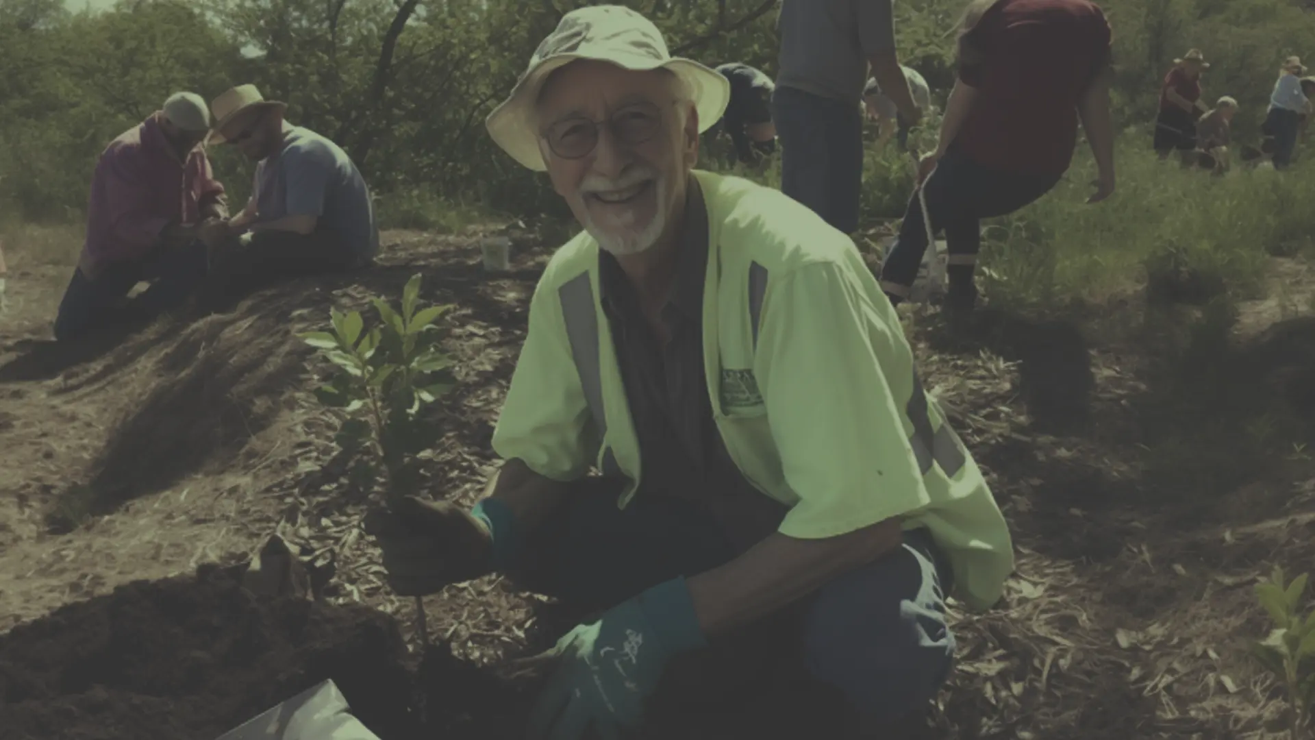 señor mayor haciendo un voluntariado plantando árboles
