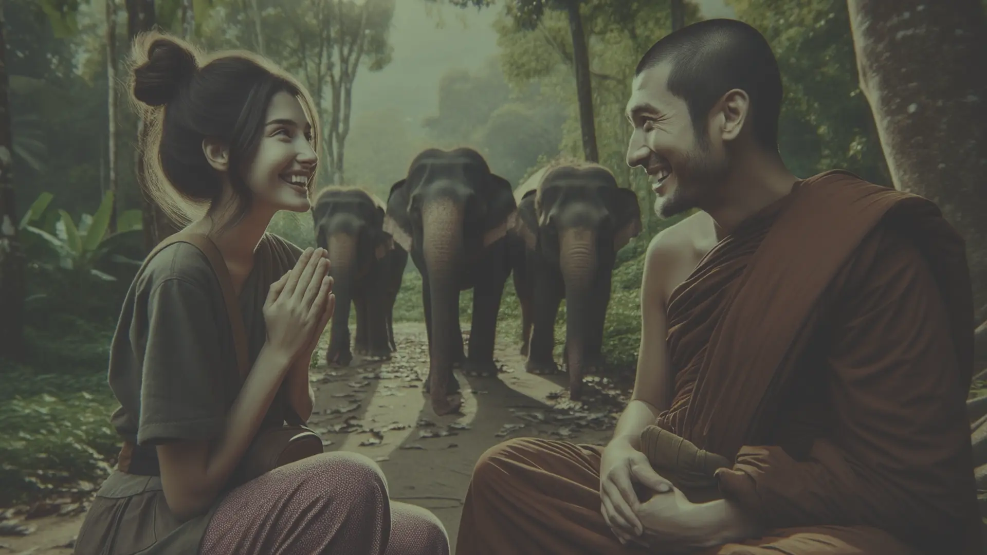 chica hablando alegremente con un monje budista en Tailandia