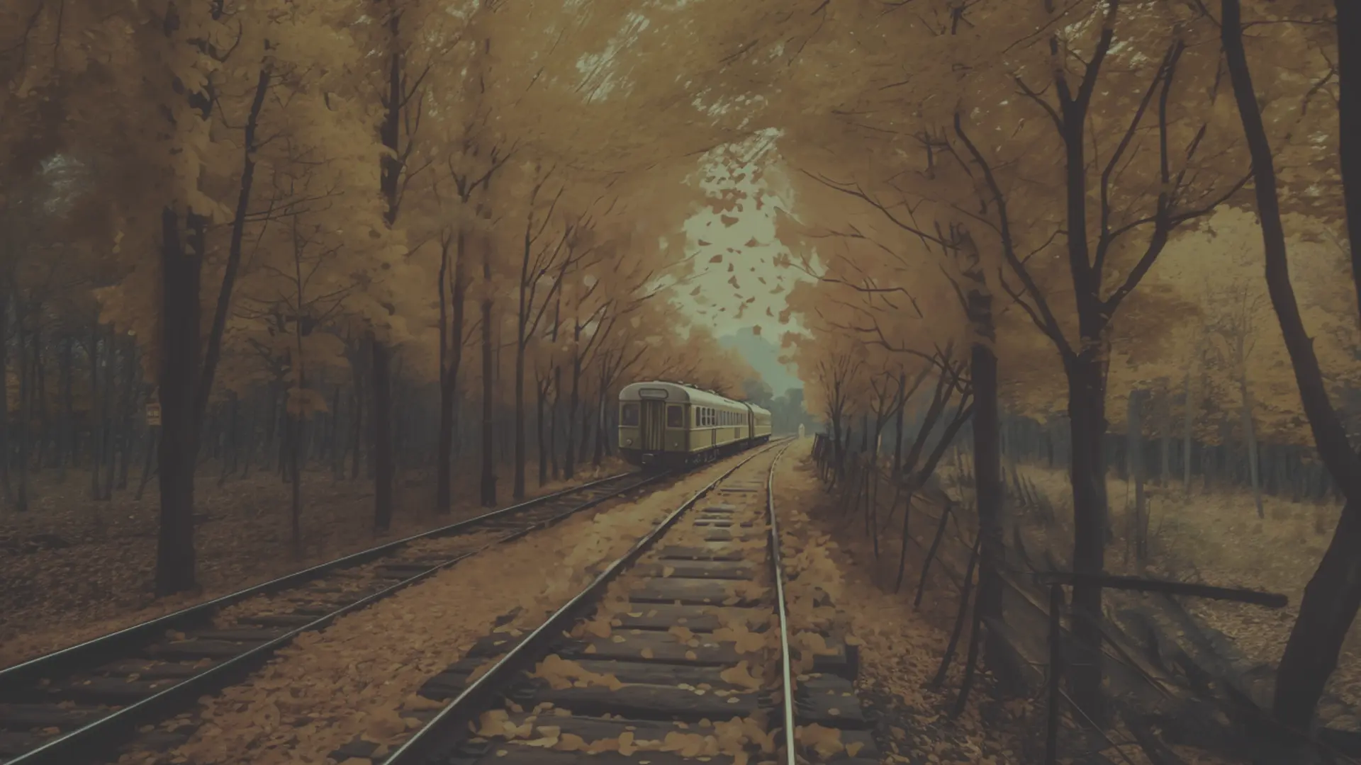 pintura de un tren que se marcha en pleno otoño